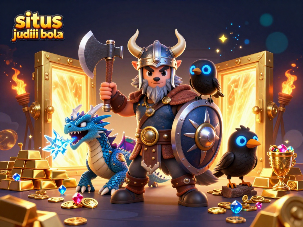 Experience the thrill of situs judi bola with a dynamic illustration of a Viking warrior, dragon, and treasures.