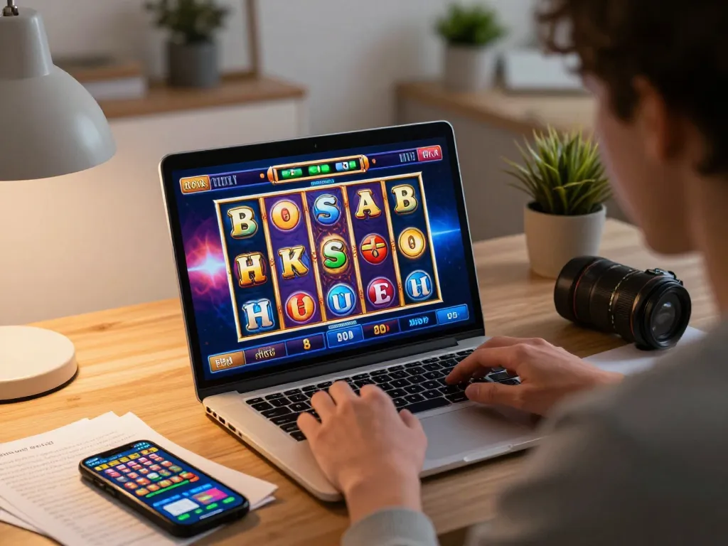Playing slot gacor siang ini on a laptop at home while enjoying colorful online game interface