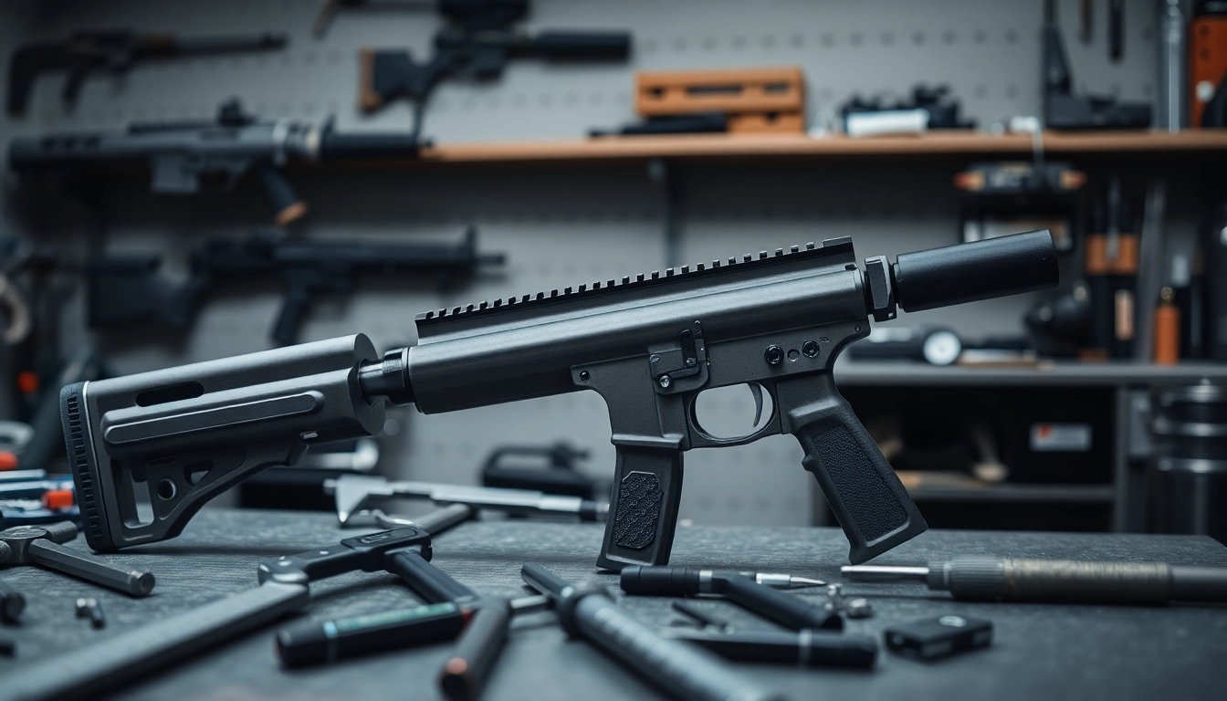 Inspecting a pf940v2 frame kit in a professional gunsmith workshop filled with tools.