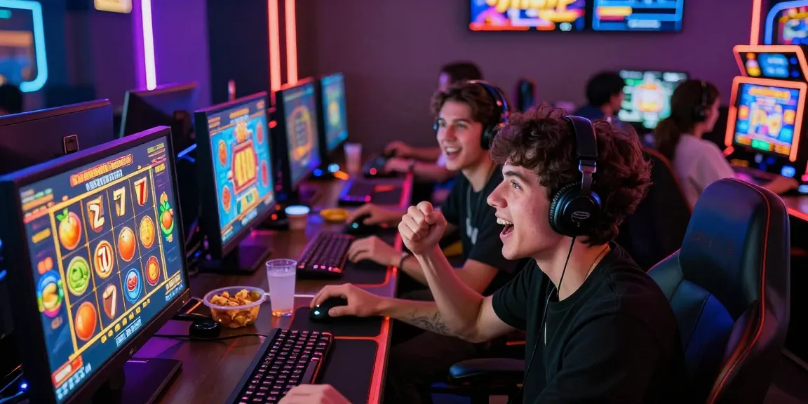 Players enjoying a thrilling slot depo 1k game in a lively gaming lounge, celebrating a jackpot win.