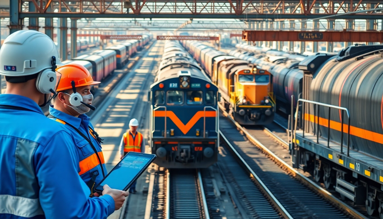 Dynamic scene of a railway company loading freight trains in an active train yard.