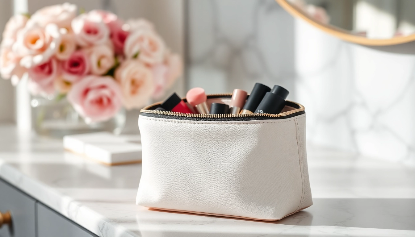 Organize beauty essentials with the stylish skone cosmetics signature makeup bag featuring vibrant makeup.
