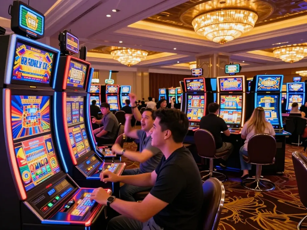 Players enjoying vibrant slot games at vt88 casino with colorful machines and a lively atmosphere.