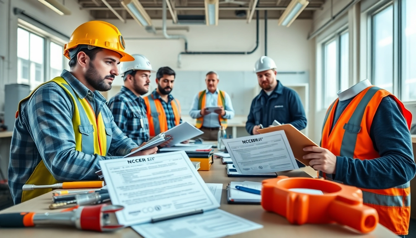 Workers pursuing NCCER certification in a professional training setting with focused expressions.