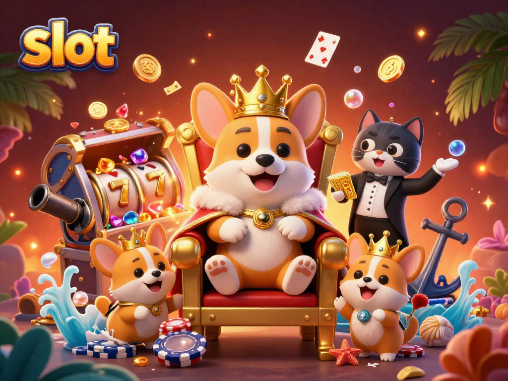 Menampilkan slot menyenangkan dengan corgi kerajaan dan elemen kasino berwarna-warni dalam ilustrasi 3D yang megah.