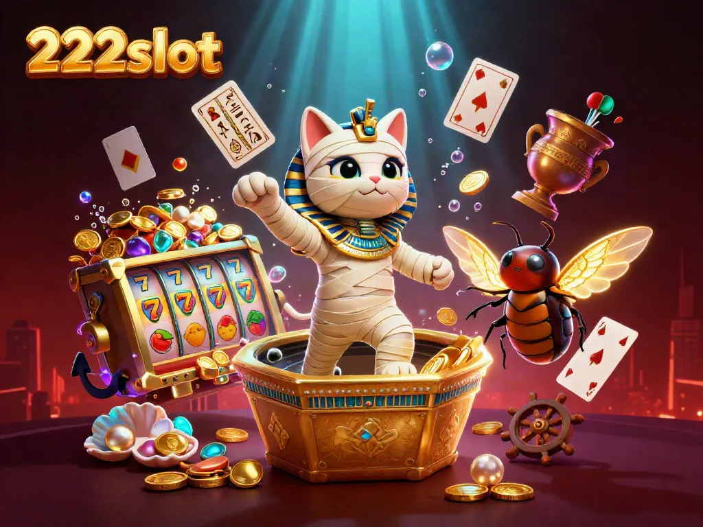 Gambarkan suasana slot yang mengasyikkan di 222slot dengan karakter kucing mumia dan scarab.