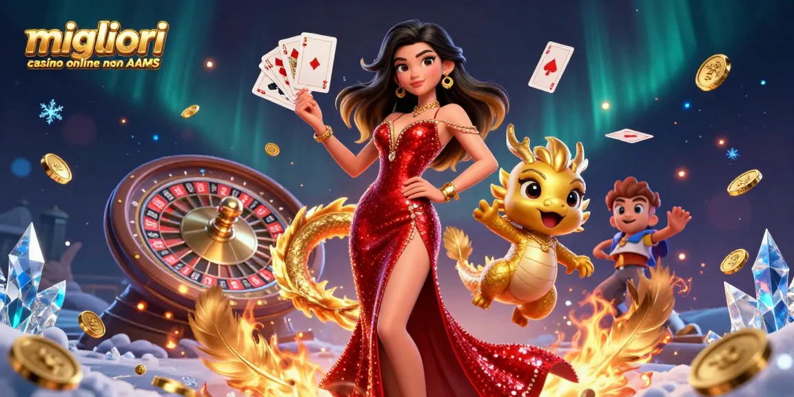 Scena coinvolgente che mostra i migliori casino online non AAMS con una donna asiatica sicura di sé e una mascotte drago dorato, con elementi dinamici del casinò.