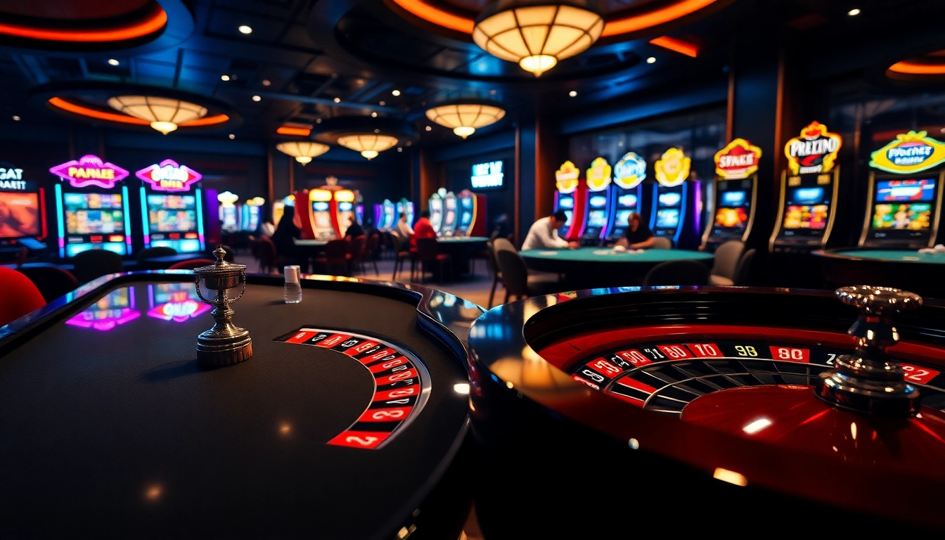 Experience upscale gaming at SHBET with vibrant poker tables and spinning roulette wheels.