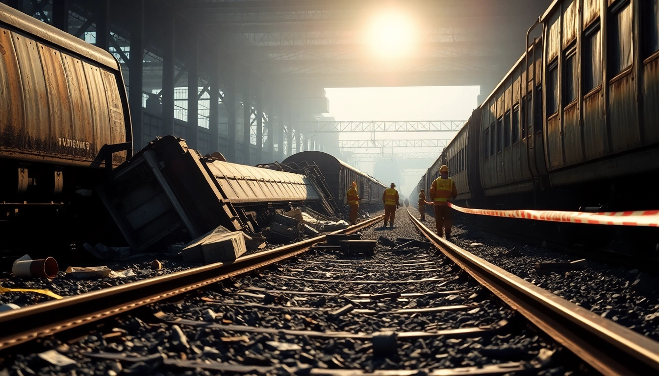 Derailment scene with overturned train cars showcasing the aftermath of a railway accident.