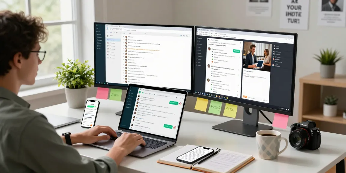 Engaging workspace for using WhatsApp電腦版 featuring laptop and dual monitors with chats on display.