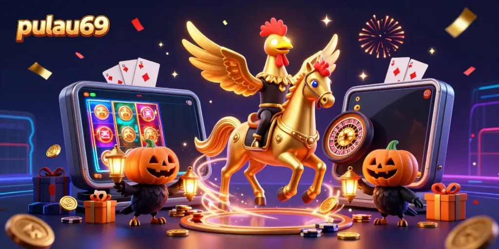 Experience the thrill of pulau69 with a dynamic casino scene featuring golden rooster and epic game elements.