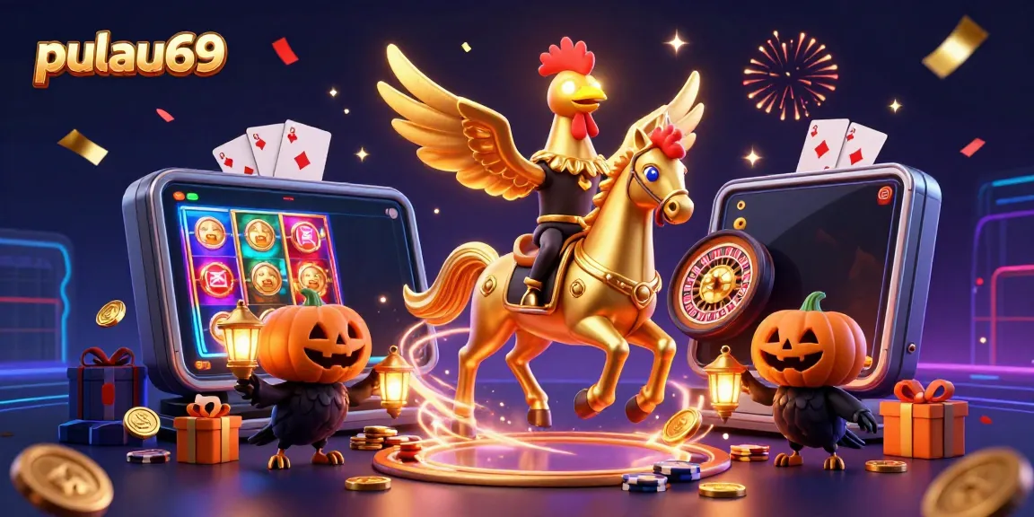 Experience the thrill of pulau69 with a dynamic casino scene featuring golden rooster and epic game elements.