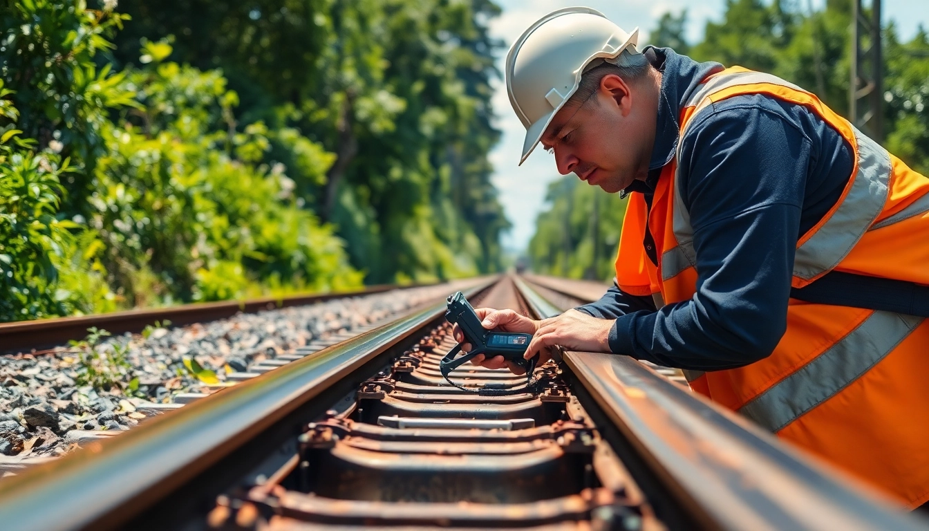 Track Inspection by a professional inspector using advanced equipment in a railway environment.
