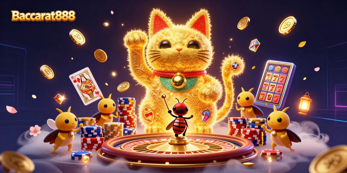 Baccarat888 showcases vibrant casino elements with a golden lucky cat, captivating bettors with excitement and winning potentials.