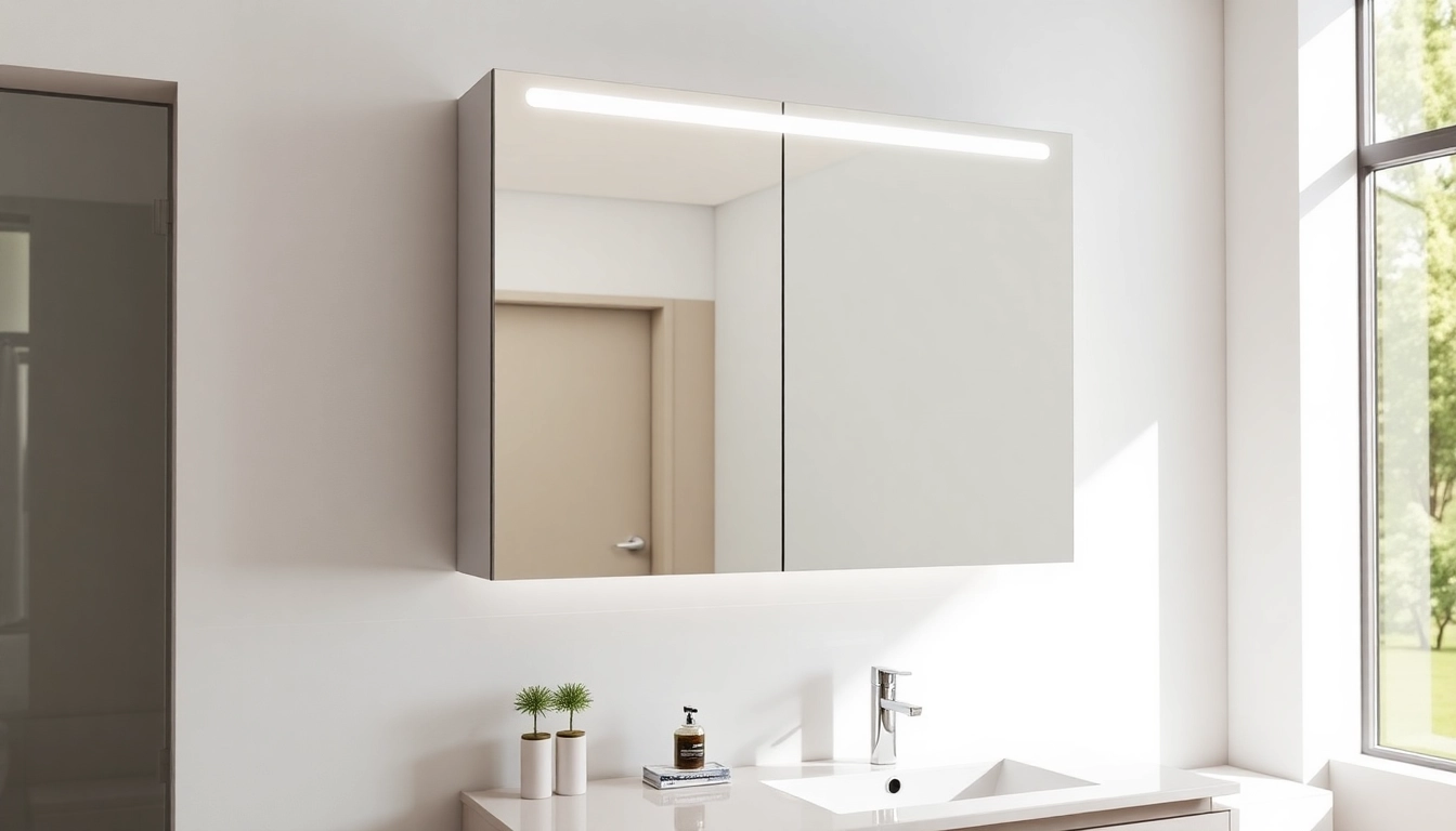 Showcase a bathroom cabinet with mirror and light highlighting its sleek design and LED features.