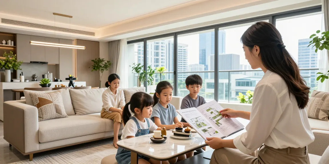 Tanjong Rhu Residences Showflat displaying an inviting living space with family engaging in homebuying discussion and beautiful skyline view.