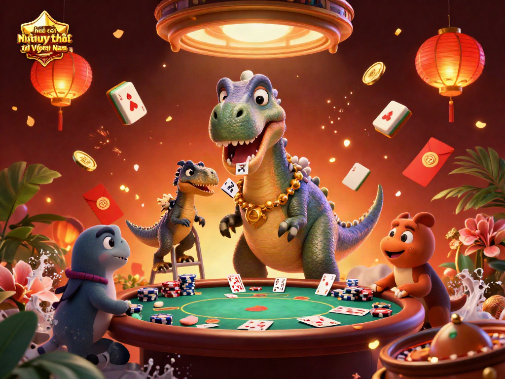 Engaging 3D casino scene featuring Nhà cái uy tín tại Việt Nam with a brontosaurus and poker elements.