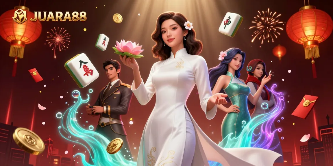 Engage with JUARA88 as an Asian woman holds a lotus and gold coin amidst dynamic casino elements.