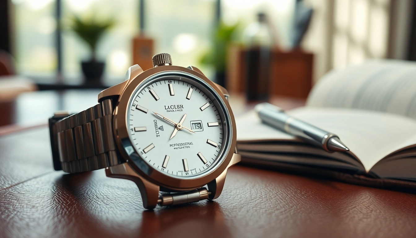 Showcase a stunning replica watch reflecting luxury on a desk.