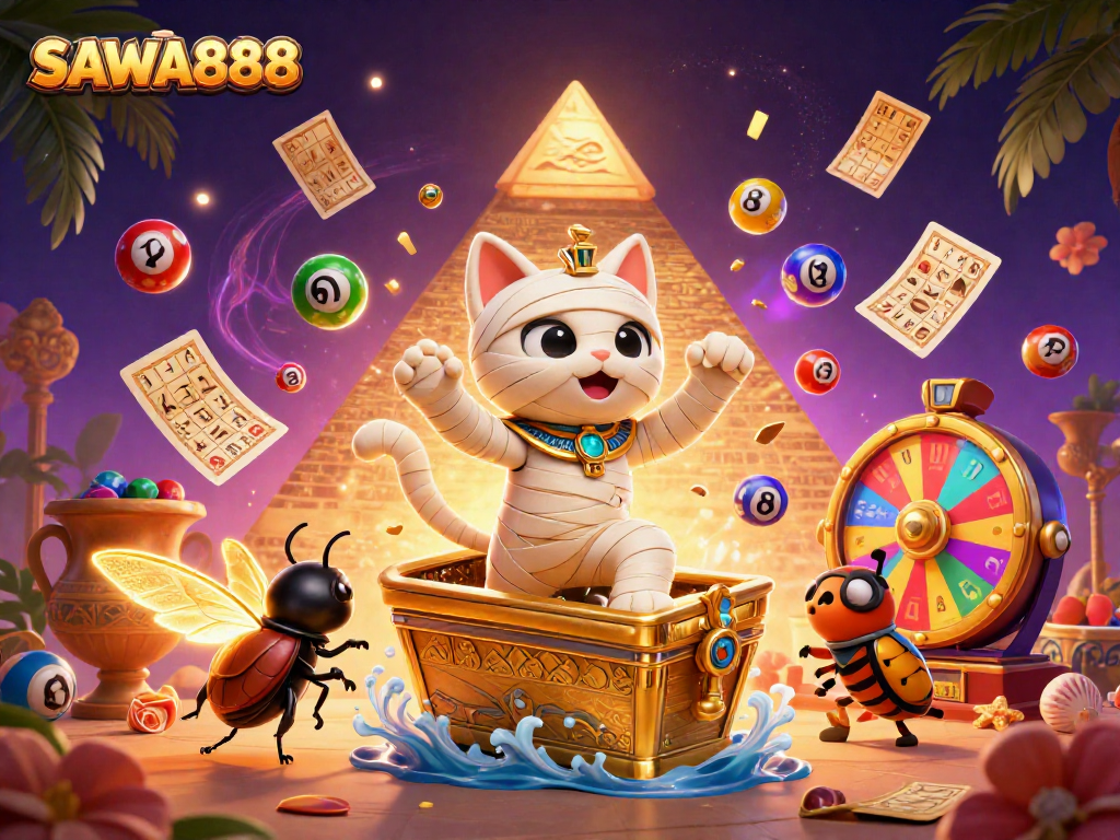 SAWA888 offers thrilling casino fun with an Egyptian mummy cat and vibrant game elements.