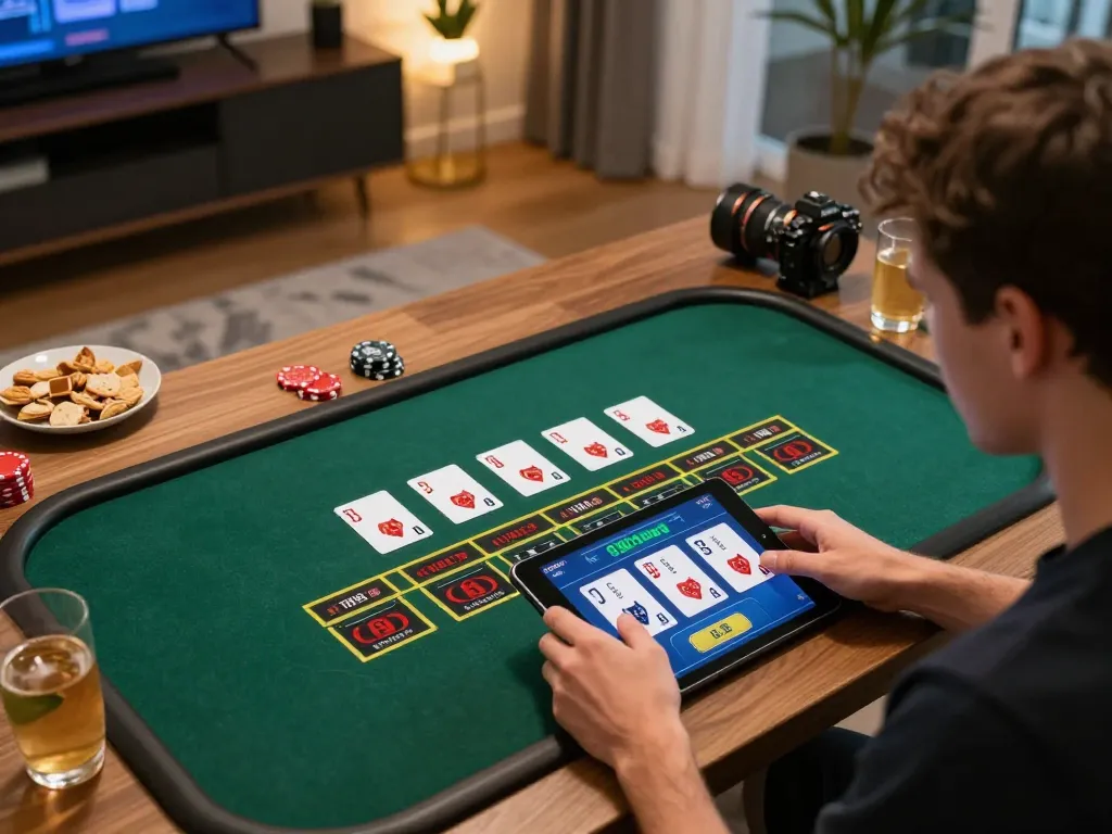 Player enjoying live dealer blackjack on tablet, highlighting 3win actor's engaging online gaming experience