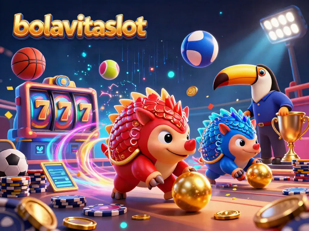 Engage with bolavitaslot's lively gaming world as cartoon pangolins roll golden balls amidst poker chips and jackpot symbols.