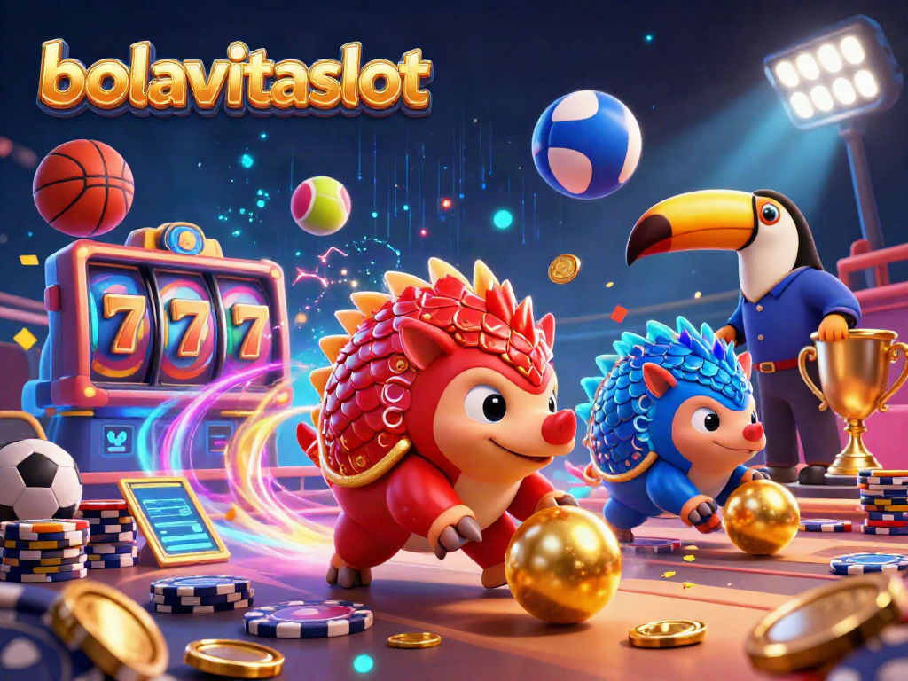Engage with bolavitaslot's lively gaming world as cartoon pangolins roll golden balls amidst poker chips and jackpot symbols.