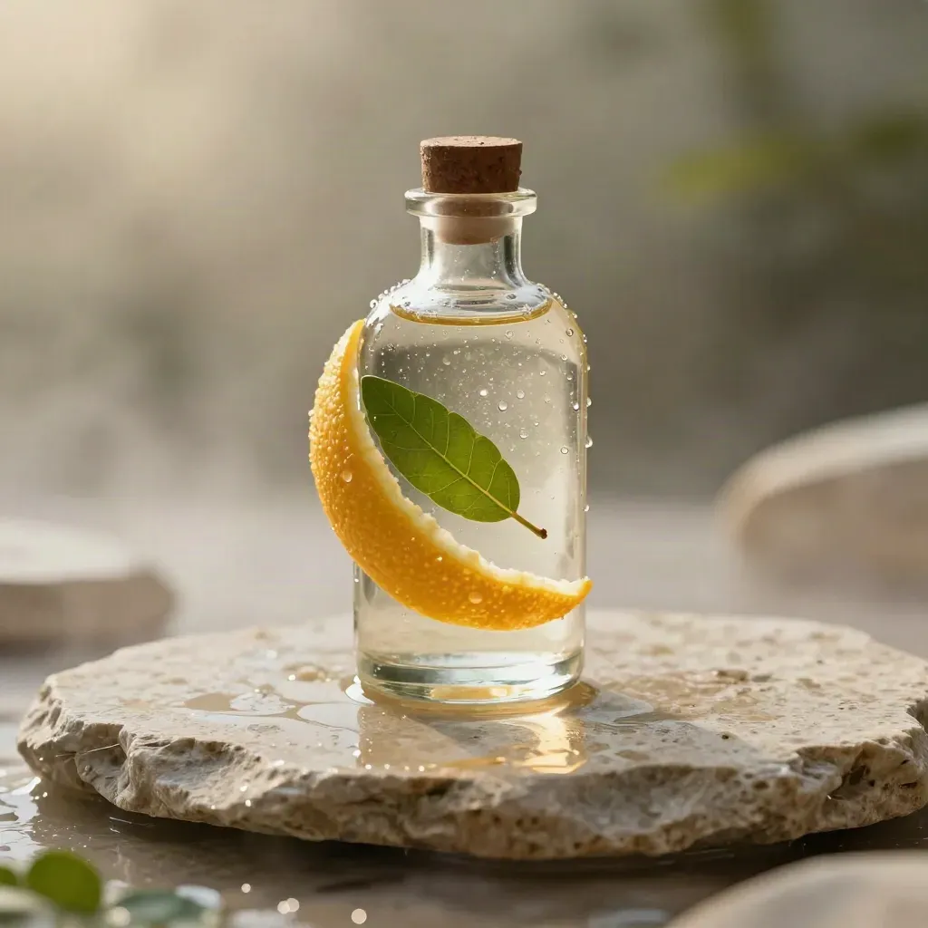 Clear tonic bottle above wet stone with citrus peel, moringa leaf, and condensation