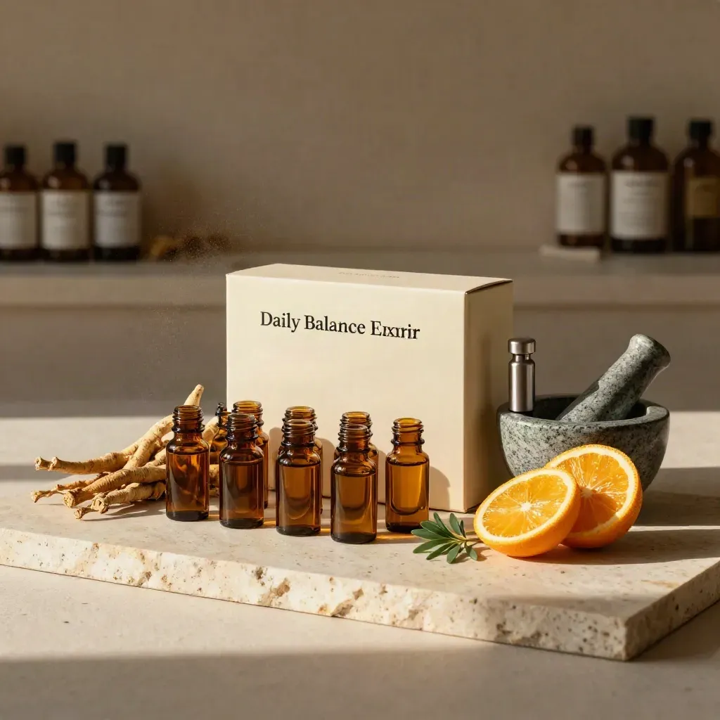 Premium elixir kit box with amber shots, roots, citrus, mortar, vial on cream stone