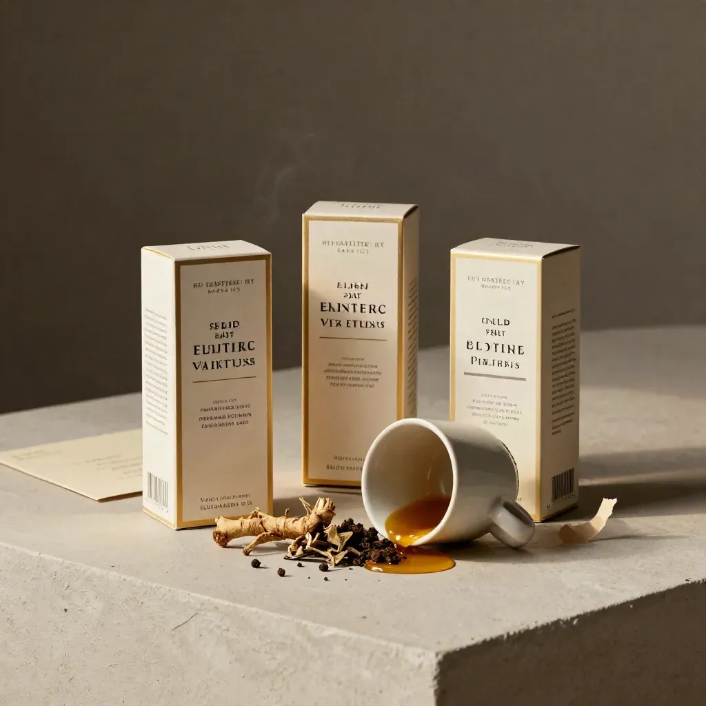 Three herbal elixir boxes with cup, root pieces and kraft wrap on pale plaster in warm gold light.