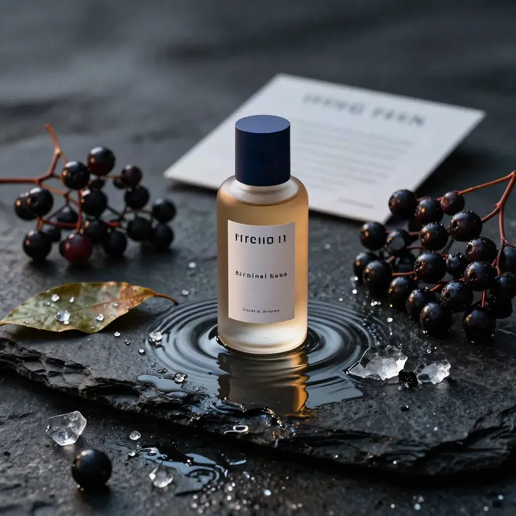 Dark tonic bottle in rippling water with elderberries, citrus leaf, and ice on basalt