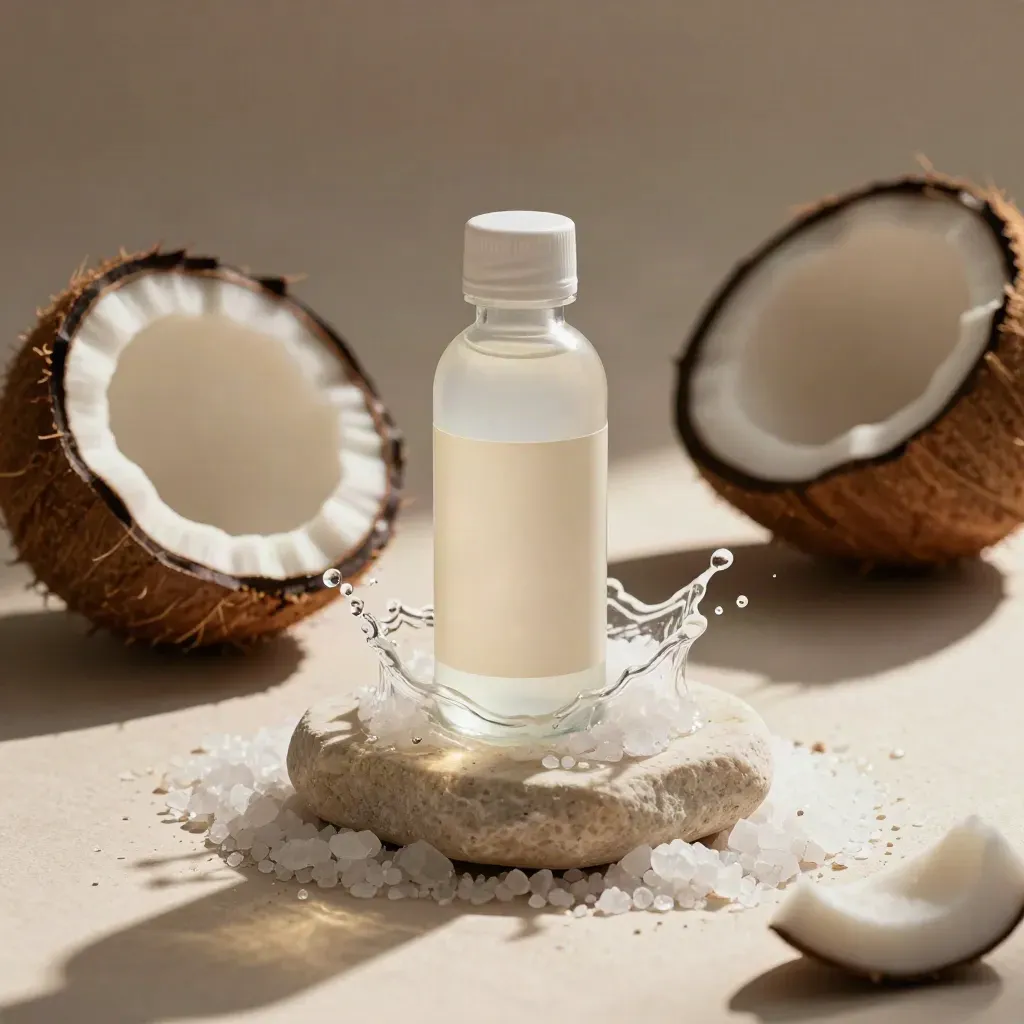 Unlabelled coconut electrolyte tonic bottle with coconut shell, salt, and splash on cream stone.