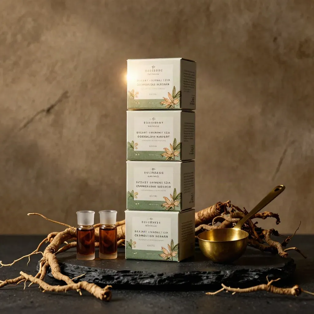 Tall wellness bundle with tonic shots, brass scoop, and roots on a black slab.