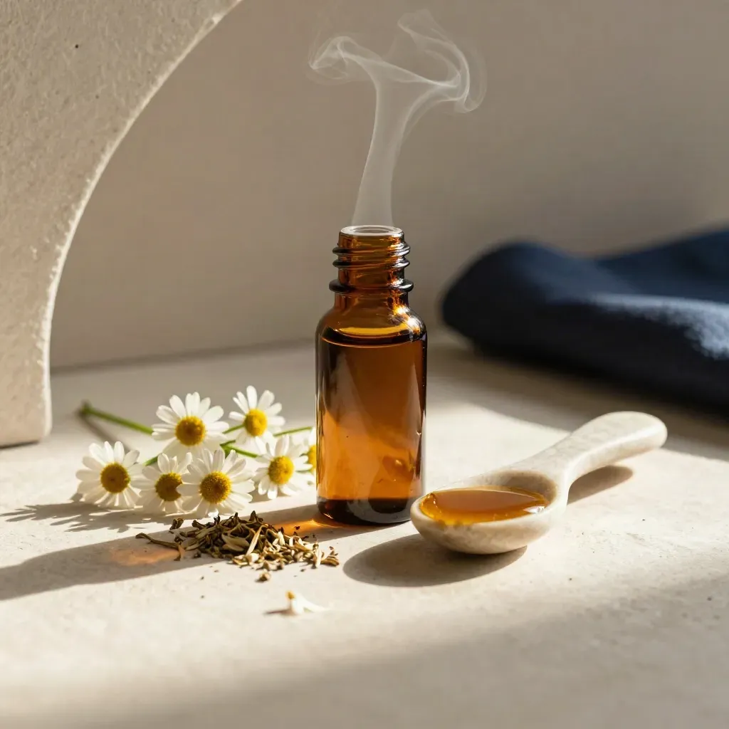Sleep herb tincture bottle with chamomile blossoms, dried herbs and a stone spoon on pale plaster.