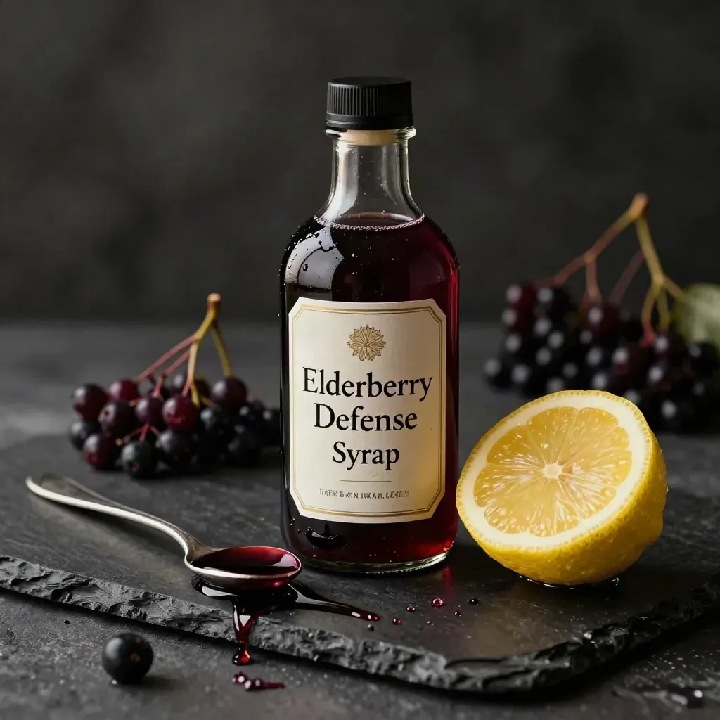 Elderberry syrup bottle with berries, lemon and glossy spoonful on wet black stone.