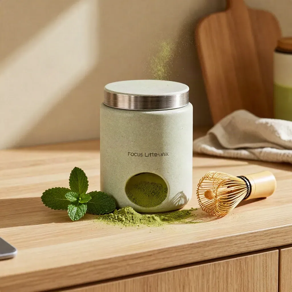 Matcha mint latte mix, mint sprigs, whisk and powder spill on wood.