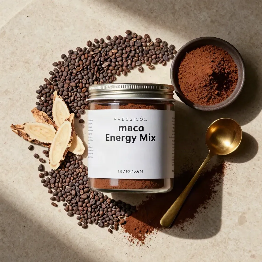 Overhead flatlay of cacao maca tub, nibs, maca slices, dark bowl and brass scoop on cream stone.