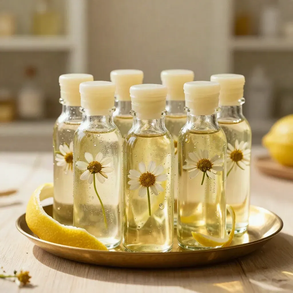 Six chilled chamomile lemon tea shot bottles on a brass tray with condensation
