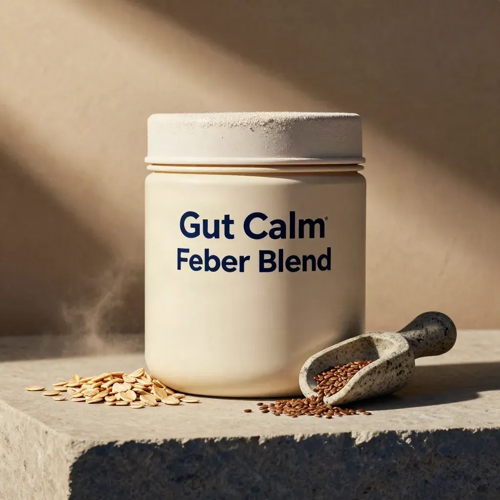 Cream fiber-blend tub with oats, flax seeds and a stone scoop on plaster.
