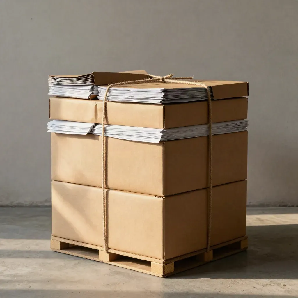 Kraft wholesale starter case stacked on concrete, lit by dusty side light.