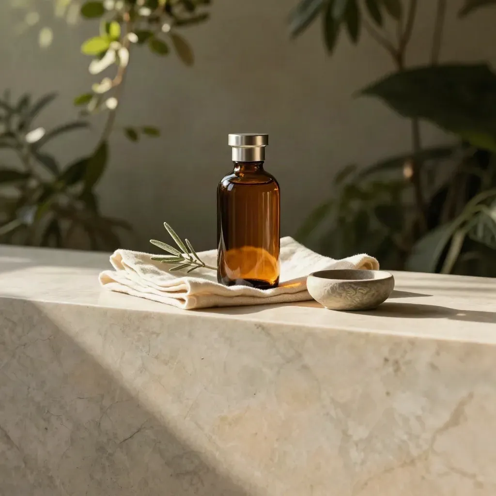 Amber herbal elixir bottle on sunlit marble with greenery and a stone basin