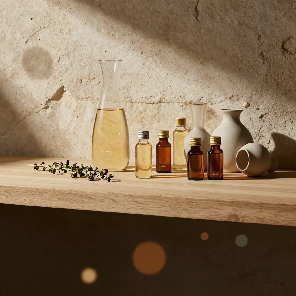Pale oak and limestone backdrop with tonic carafe, herb stems, and soft glass vessels.