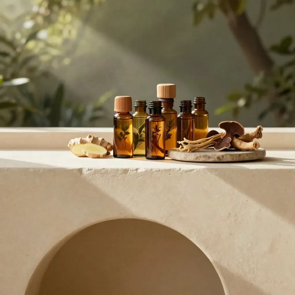 Amber adaptogen shot bottles and roots on a warm plaster arcade ledge in golden sun