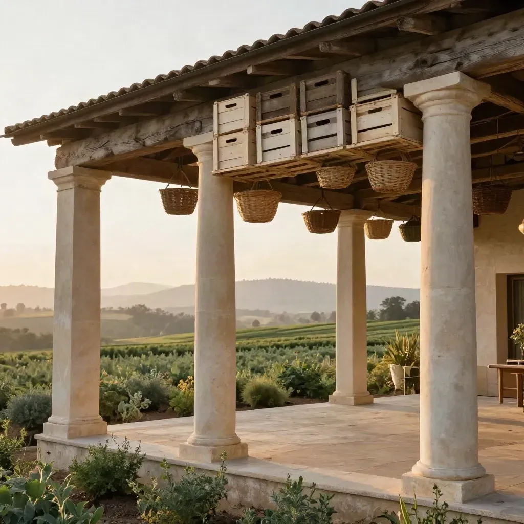 Sunlit herb-farm colonnade with stacked crates above hazy fields at golden hour.