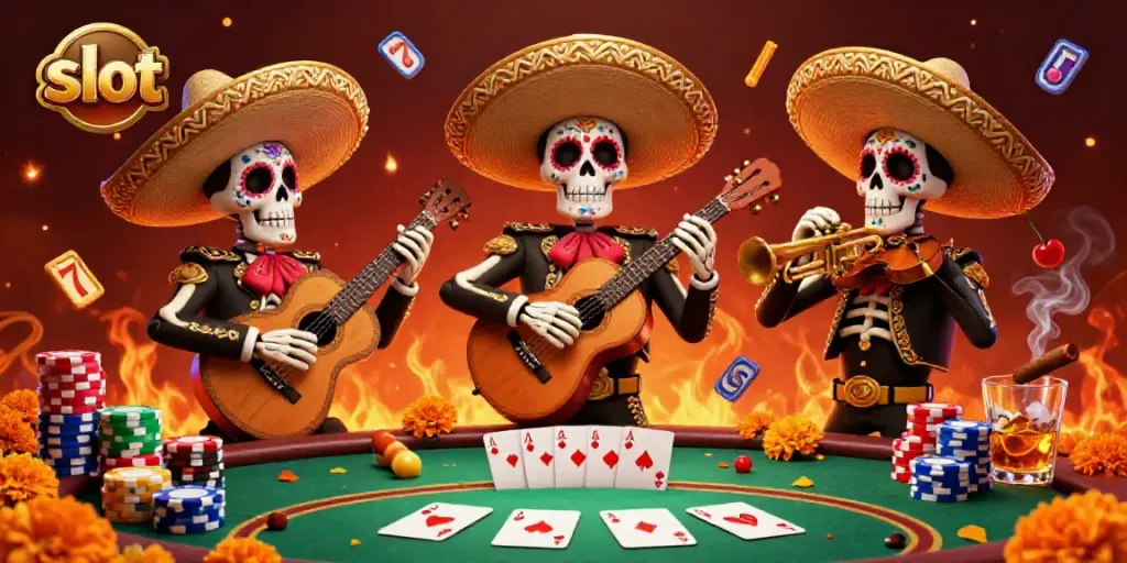 Play slot games with a festive mariachi band in this vibrant casino scene.