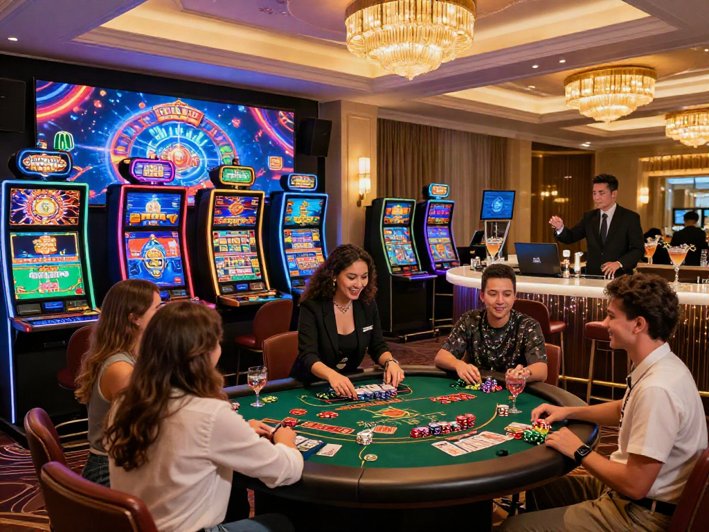 situs casino online with players enjoying various games in a lively virtual gaming atmosphere