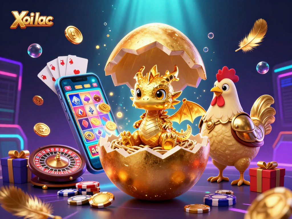 Xoi lac unveils captivating 3D casino scene with a golden dragon on poker chips amidst vibrant gaming elements.