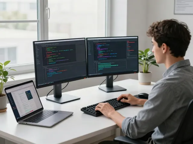 Developer coding with v2rayN tools in a modern office setup.
