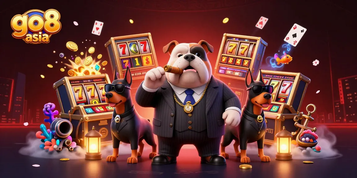 Experience excitement with go8 asia's 3D cartoon mafia boss in a vibrant casino scene.