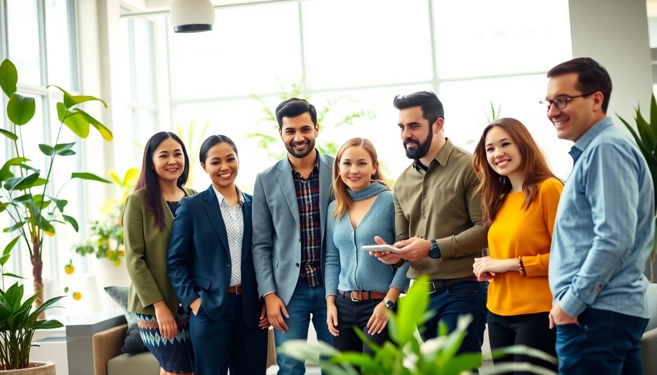 Engaged professionals discussing on-demand sales talent opportunities in a modern office.